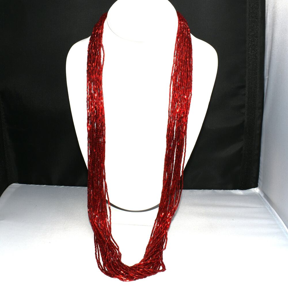 Vintage Red Glass Bugle Bead Necklace 24 Strand Boho 34in Czech
